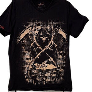 Dark Graphic Tee with Grim Reaper Design Size L